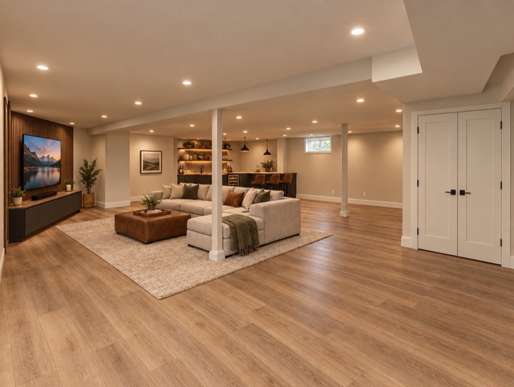 After: Finished basement family room with recessed lighting, sectional sofa, media wall, wet bar and wood-look flooring
