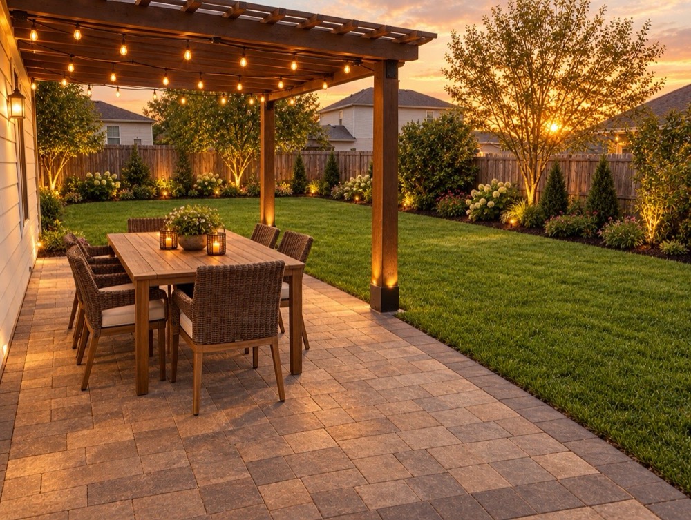 After: Backyard paver patio with a wood pergola, string lights, dining table, fresh lawn and lit planting beds